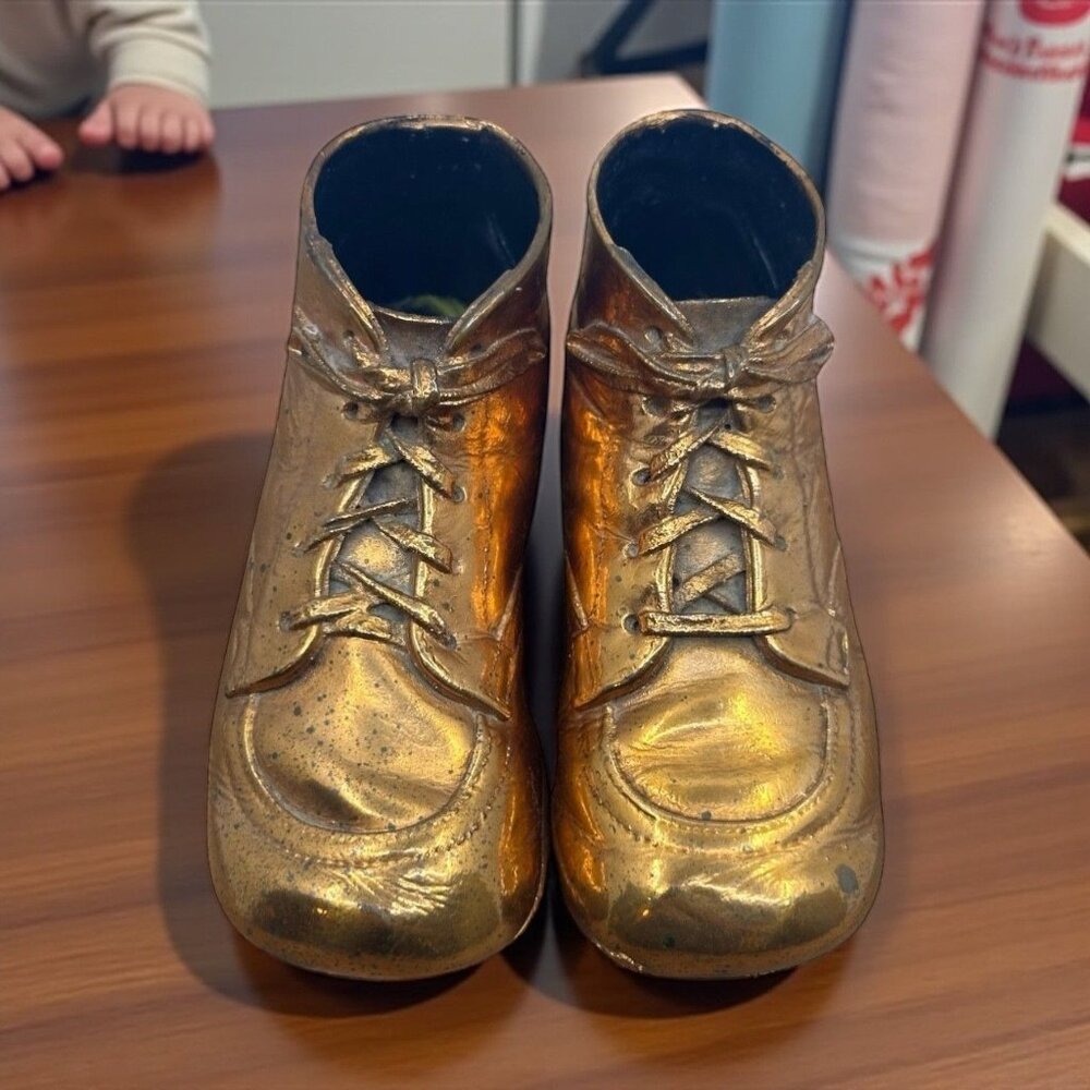 Vintage Bronze Baby Shoes Keepsake Collectibles Pair Appr. 6 Long Mid-Century